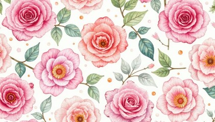 Delicate watercolor roses in soft pastel hues form a repeating pattern , print, design, petals