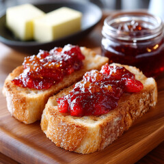 Toasted bread topped with homemade strawberry jam and apricot marmalade is placed on a rustic table served with a side of butter perfect for a delicious breakfast or brunch ... See More