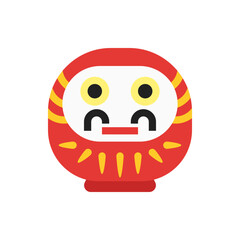 Illustration of a red daruma doll with yellow eyes and stripes and a white face on a white background