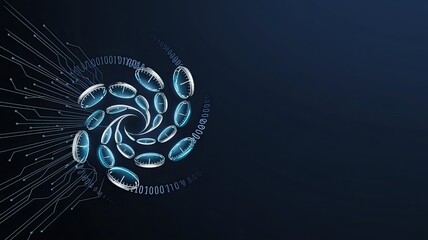 Digital Universe: Captivating digital design depicts a complex network of interconnected circuits and binary code, swirling dynamically to evoke the essence of the digital realm. 