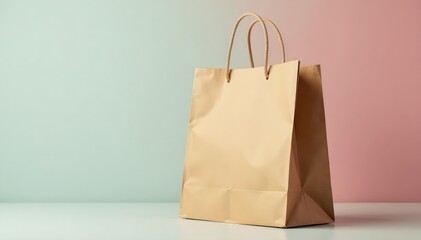 Empty brown paper shopping bag, handles visible, eco bag, white