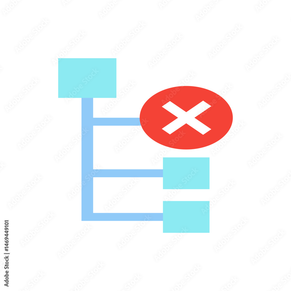 Poster flowchart with light blue squares connected by lines and a red circle with a white x mark error show