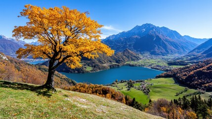 Golden Autumn Tree Overlooking Serene Lake and Mountain Range