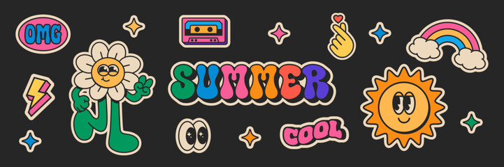 Retro trendy sticker pack. Groovy text summer slogan. Collection of vintage groovy elements and characters.