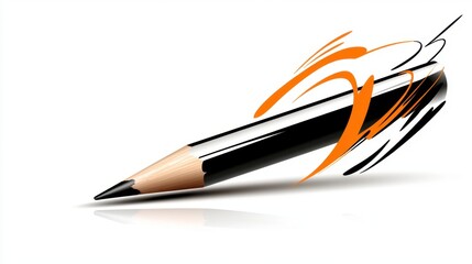 Fototapeta premium Black Pencil with Dynamic Orange Sketch Strokes on White