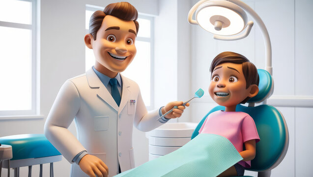 Friendly Dentist 3D Cartoon Character with Patient - A cheerful 3D cartoon dentist examines a young patient. The scene promotes dental care, trust, and a positive experience. It symbolizes health