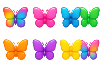 Fototapeta premium Vibrant y2k 3d butterflies icon set – rainbow, bright, colorful, retro, nostalgic. 3D icon set