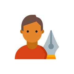 Illustration of a person with brown hair and an orange shirt next to a large fountain pen icon image