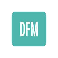 Illustration of a rounded rectangle in teal color containing the white text dfm in a simple and clean style