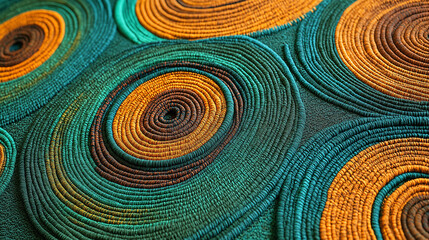A clean and professional visual presentation detailed textile design: symmetrical spiral pattern in blues, oranges, and browns, enhancing a creative canvas with natural elements.
