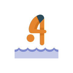 Illustration of a stylized diver with orange skin diving into blue water with visible waves design