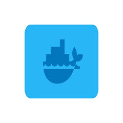 Illustration of a blue whale with a ship on its back in a rounded rectangle on a light blue background