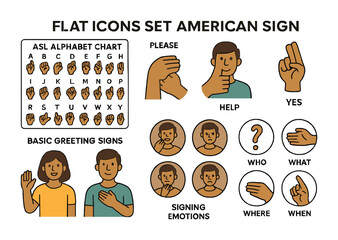 American sign language flat icons set – symbols, gestures, communication tools
