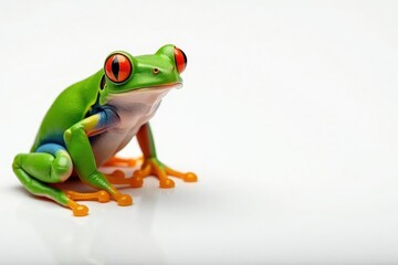 Fototapeta premium Green tree frog perched on white, vibrant skin, closeup, tropical