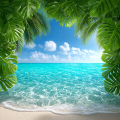 Tropical leaves framing a crystal clear blue lagoon