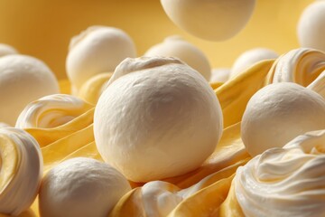 Delicate arrangement of creamy white spheres with a flowy, golden yellow fabric texture.