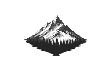 A majestic mountain with detailed snowy peaks rises above dark evergreen forest, mirrored below symmetrically, isolated on a transparent background