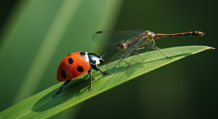 Fototapeta premium Ladybug and dragonfly on grass blade
