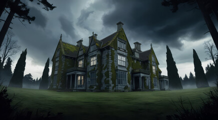 Mysterious Mansion on a Cloudy Day - A large, moss-covered mansion stands on a grassy hill under a stormy sky. The scene evokes a sense of mystery and intrigue