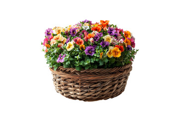 A round woven basket overflows with bright pansies in purple, yellow, orange, and pink hues, isolated on a transparent background