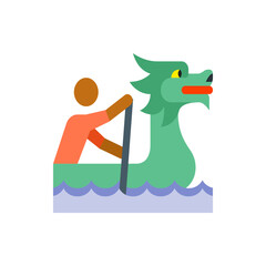 Illustration of a dragon boat race with a person paddling in the water with a dragon head boat design