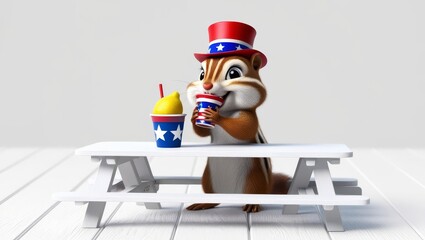 Naklejka premium Patriotic Chipmunk Lemonade Break - A 3D cartoon chipmunk, wearing a patriotic hat, enjoys a refreshing lemonade at a picnic table. Symbolizing summer, independence, fun, refreshment, and celebration
