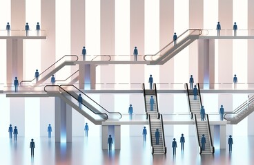 Modern business centre lobby with escalators and people going up and down, business and success concept 3D rendering
