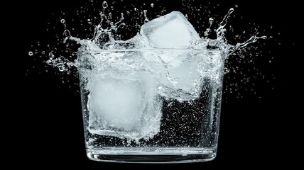 Obraz premium Glass of Water with Ice Cubes Creating Splashes on Black Background in Studio Setting Dynamic Shot of Clear Refreshment with Frozen Water