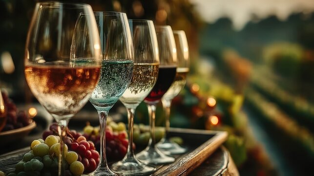 Elegant wine tasting experience in a scenic vineyard capturing glasses and nature's beauty