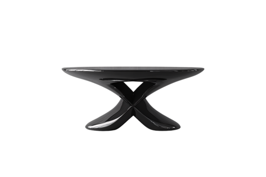Contemporary black coffee table with intersecting curved supports, combining symmetry and futuristic sculptural appeal flawlessly, isolated on a transparent background