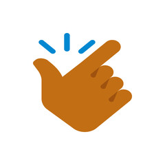 A hand with a finger snapping gesture and blue lines above the hand on a white isolated background view