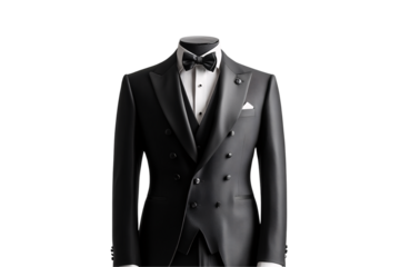 Elegant black tuxedo with satin lapels, double-breasted style, bow tie, and floral boutonniere—pure formal sophistication, isolated on a transparent background