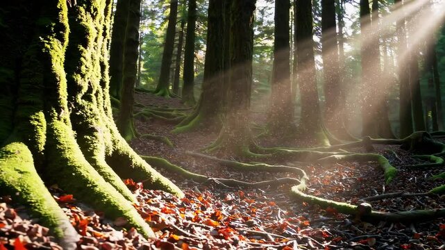 Sunlight filtering through enchanted forest illuminating mossy trunks and twisty roots