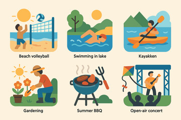 Outdoor activities flat icons set &ndash; recreation, leisure, summer activities symbols