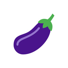 Illustration of a single purple eggplant with a green stem on a white background in a simple cartoon style