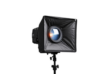 Focused spotlight with lens diffuser, attached to adjustable stand, ideal for theatrical or cinematic lighting, isolated on a transparent background