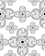 A seamless pattern of elements in the form of stylized flowers, reminiscent of ancient Russian painting.