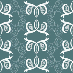 A seamless pattern of elements of gray and milky tones in the form of stylized leaves, reminiscent of ancient Russian painting, on a green background.