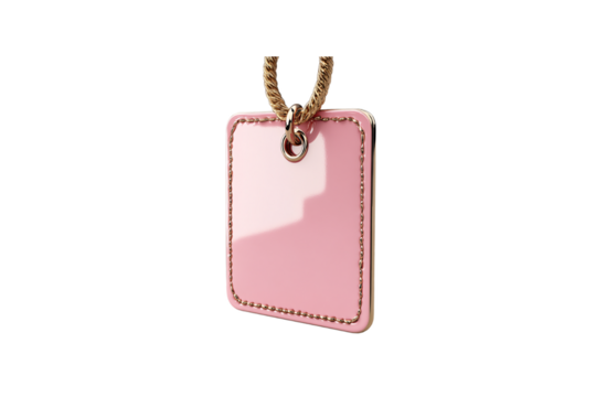 Glossy pink rectangle pendant with golden edges and chain, hanging elegantly with a polished surface, isolated on a transparent background