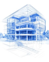A detailed architectural blueprint of a modern building with glass facade, showcasing multiple levels and a sloping entrance