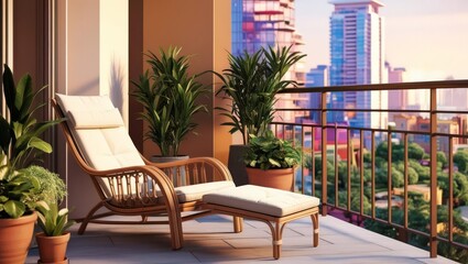 Serene City Balcony Relaxation - Peaceful morning, city view, comfortable rattan chair, lush plants, tranquil escape. Symbolizing serenity, comfort, nature, urban escape, and relaxation