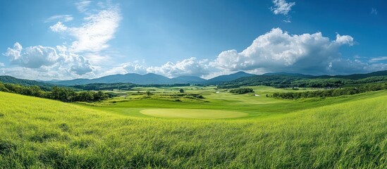 Obraz premium Green Golf Course Landscape with Mountains and Blue Sky