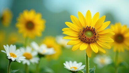 Obraz premium One bright yellow sunflower among white daisies, apart, outstanding