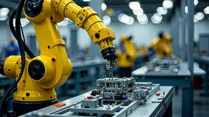 Yellow robotic arm at work on factory floor assembling a metal component. Automated industrial production and machine building at work concept.