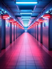 A long, narrow, tiled corridor bathed in a vibrant blue and red neon glow