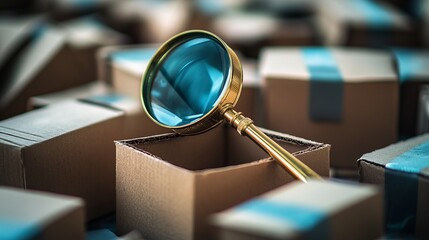 Cardboard boxes and a magnifying glass, symbolizing the concept of searching for goods and components. This image represents procurement audits, quality control