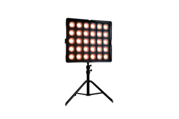 Square panel with circular bulbs arranged in a grid, producing strong orange-tinted stage lighting, isolated on a transparent background
