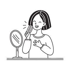 A woman singing into a hairbrush stand next to mirror