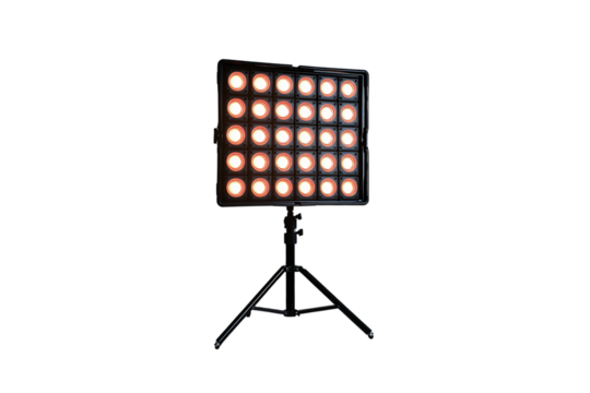 Square panel with circular bulbs arranged in a grid, producing strong orange-tinted stage lighting, isolated on a transparent background - Powered by Adobe