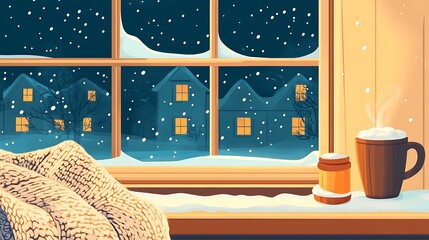 Cozy winter window snow scene.